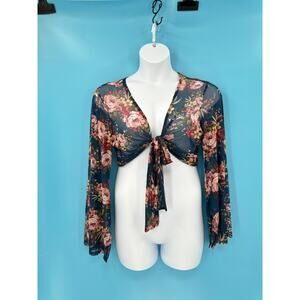 Front Tie Cropped Top XL Blue Boho Festival Sheer Coquette‎ Free Spirit Retro